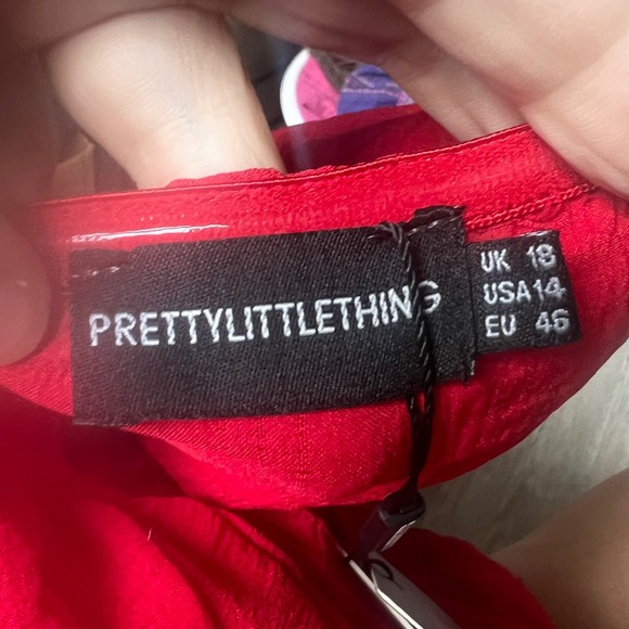 PrettyLittleThing Women's Red Off Shoulder Mini Dress Size 14 Ruched Party - Picture 3 of 7